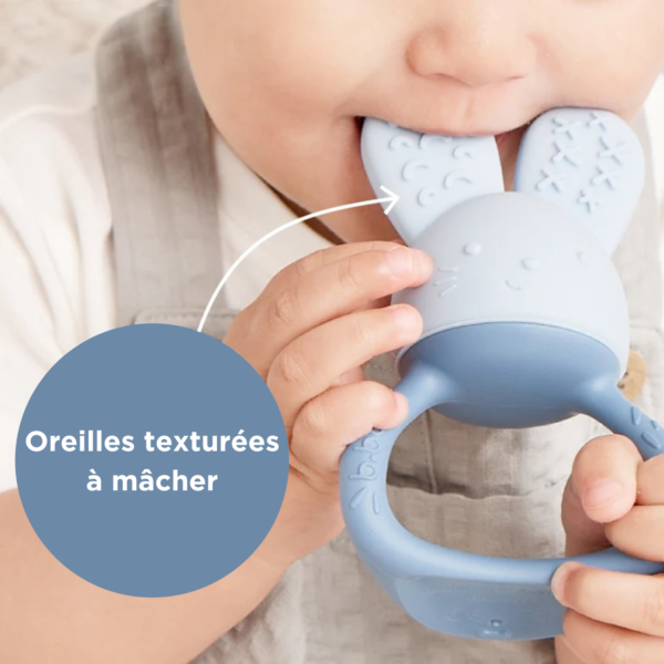 Jouet de dentition lapin bleu avec oreilles en silicone texturées