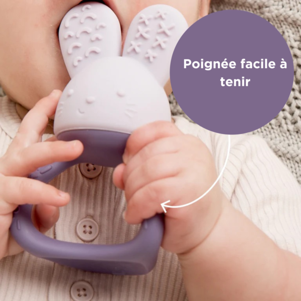 Jouet de dentition lapin mauve facile à tenir par bébé