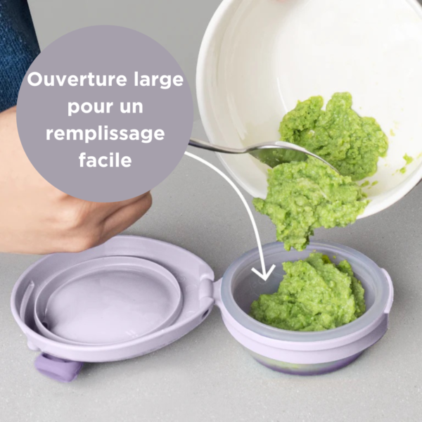 Poche gourde repas bébé rechargeable avec ouverture large pour un remplissage facile