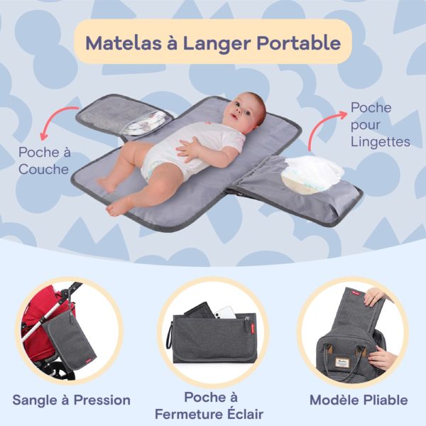 Sac à dos à langer gris clair avec matelas à langer amovible