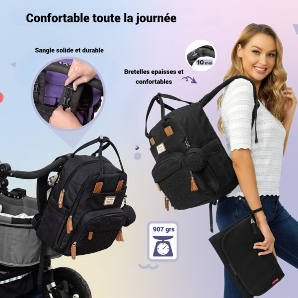 Sac à dos à langer avec pochette de change amovible - Noir – Image 2