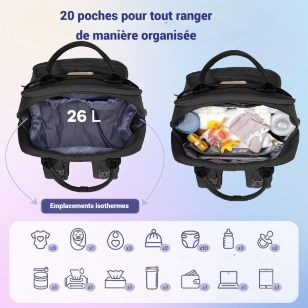 Sac à dos à langer avec pochette de change amovible - Noir – Image 3