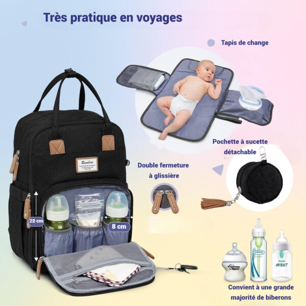 Sac à dos à langer avec pochette de change amovible - Noir – Image 4