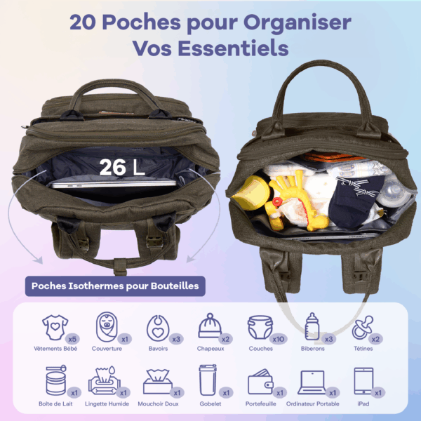 Sac à dos à langer avec pochette de change amovible - Kaki gaufré – Image 2