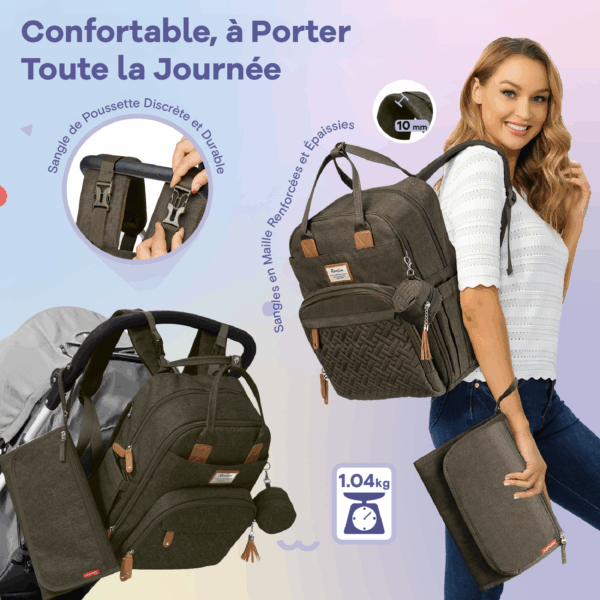 Sac à dos à langer avec pochette de change amovible - Kaki gaufré – Image 5