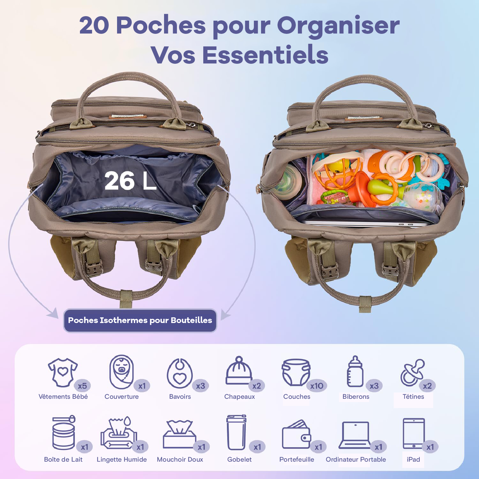 Sac à dos à langer Ruvalino Taupe – Avec pochette de change amovible – Image 4