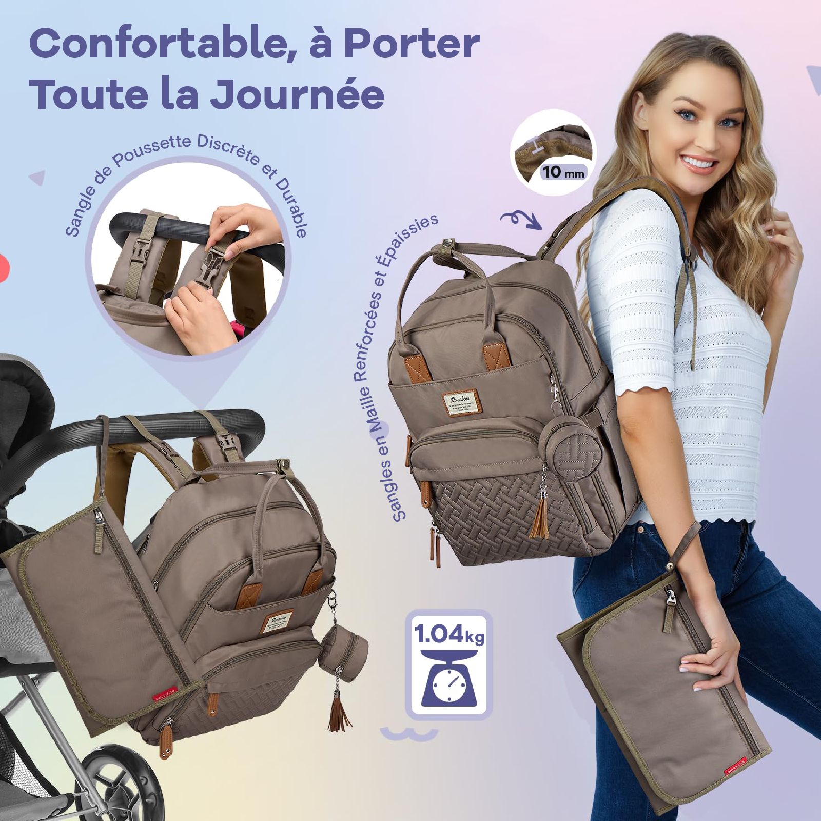 Sac à dos à langer Ruvalino Taupe – Avec pochette de change amovible – Image 5