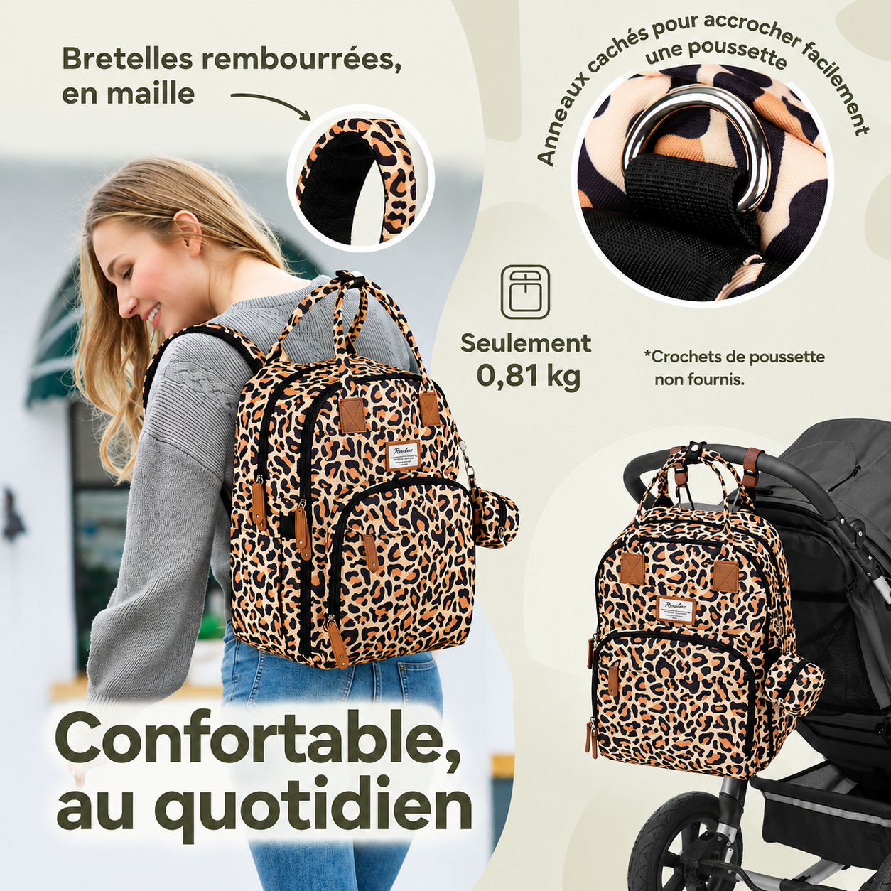 Sac à dos à langer avec tapis de change nomade - Leopard – Image 2