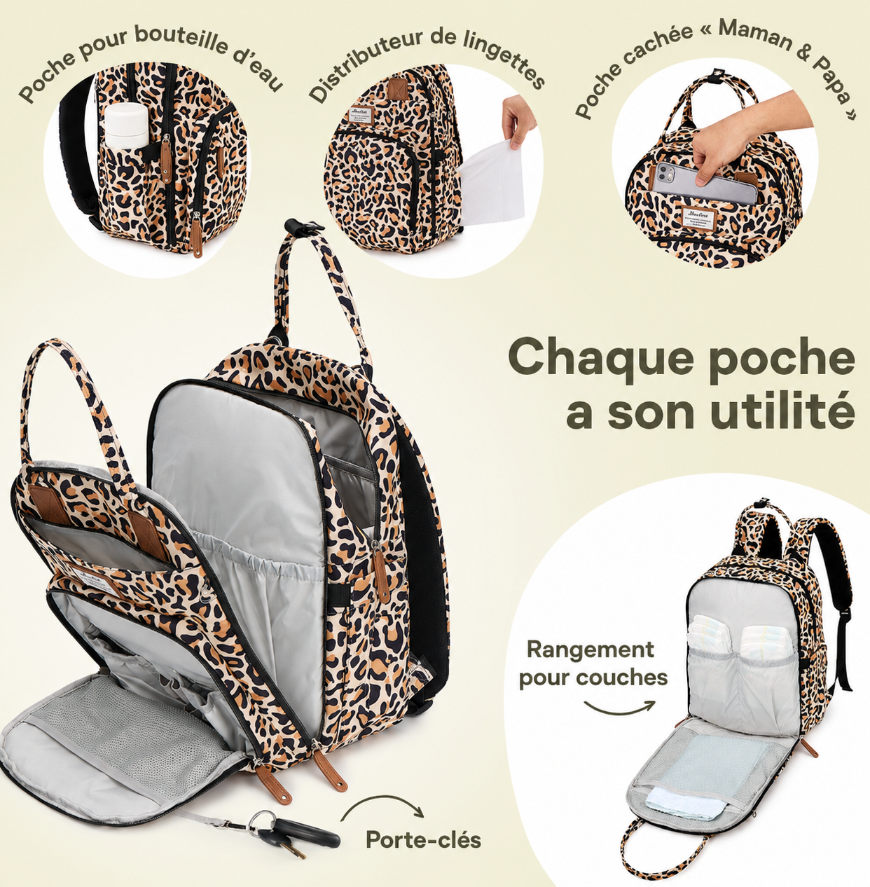 Sac à dos à langer avec tapis de change nomade - Leopard – Image 3