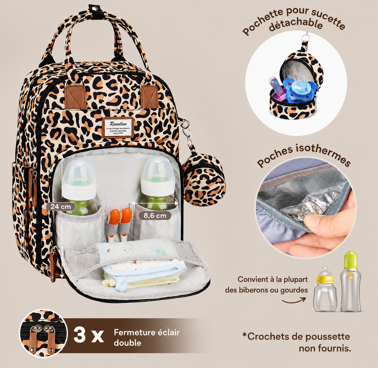 Sac à dos à langer avec tapis de change nomade - Leopard – Image 4